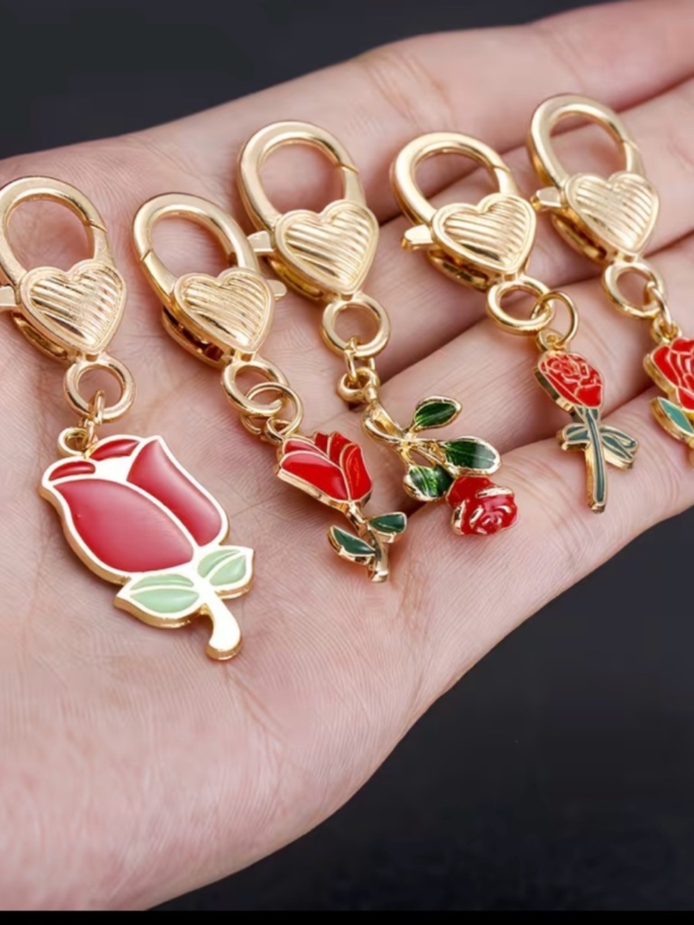 (5) pcs Boutique 9 Gold-Tone Red Rose Charm Keychain Set